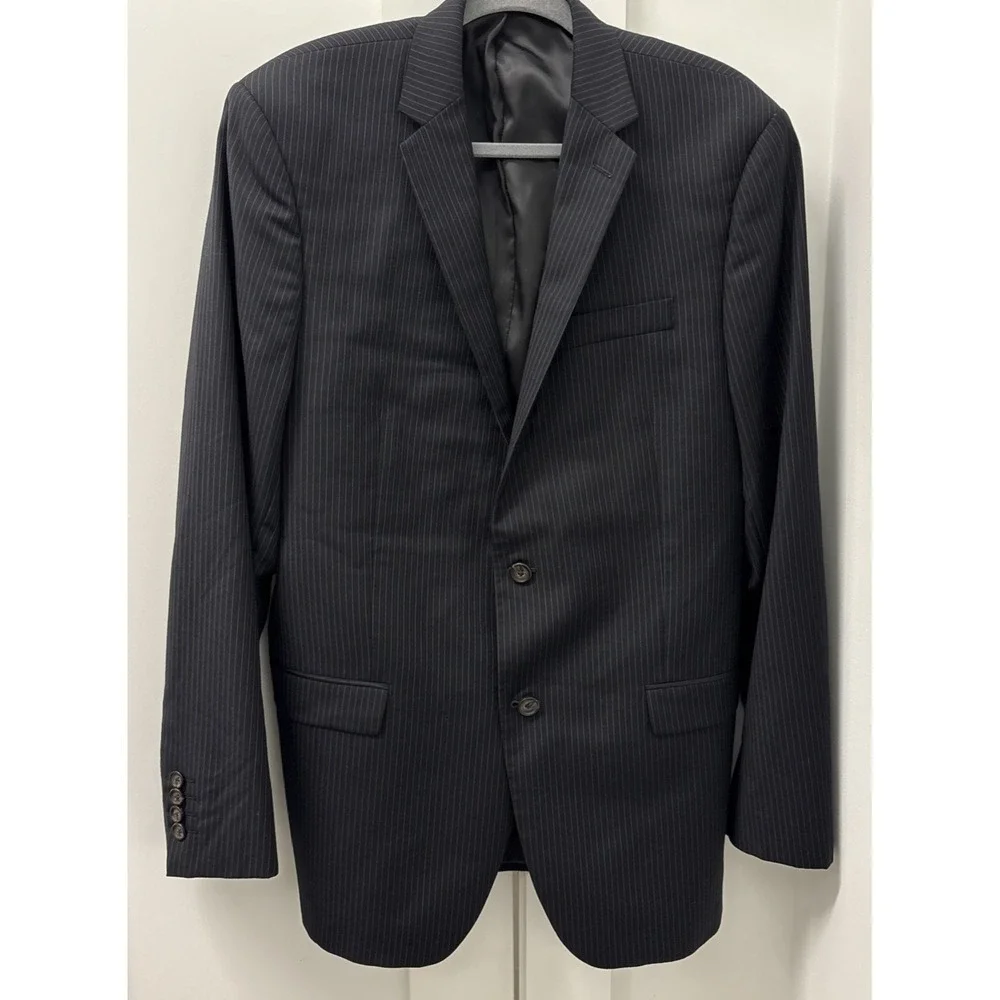 Ralph Lauren Men 44L Black Pinstripe 100% Wool Blazer Made Canada